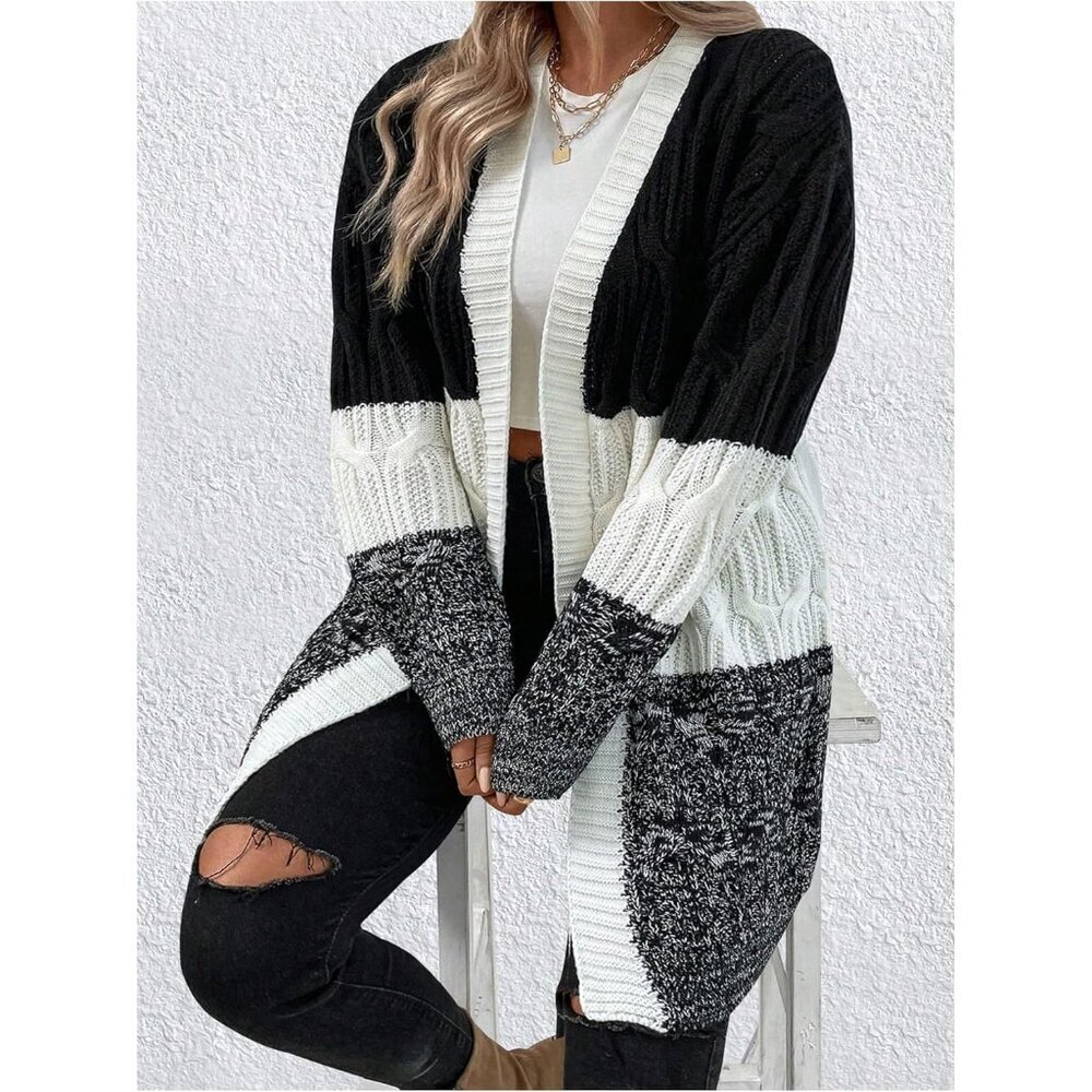 Women's Plus Size Color Block Cardigan Open Front Long Sleeve Casual Sweater - Picture 3 of 3